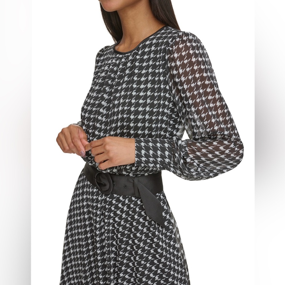 KARL LAGERFELD PARIS Houndstooth Belted Fit & Flare Dress, Size 14 - Picture 2 of 16